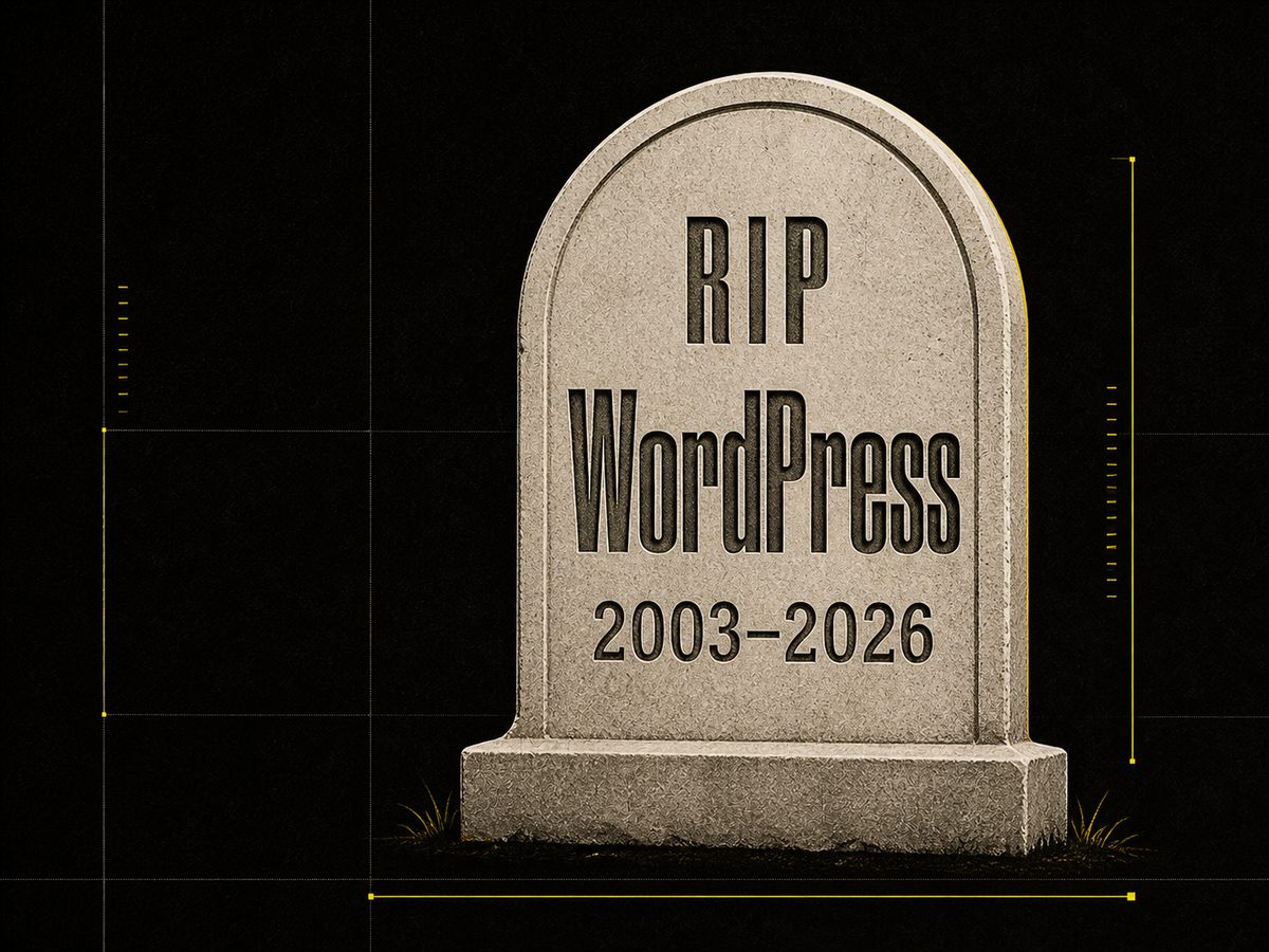 Grafsteen met de tekst RIP WordPress, 2003 tot 2026